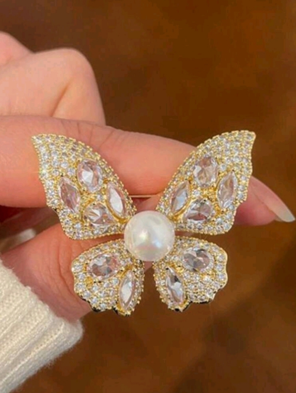 Gold Butterfly Brooch with Clear Rhinestones and Pearl Accent